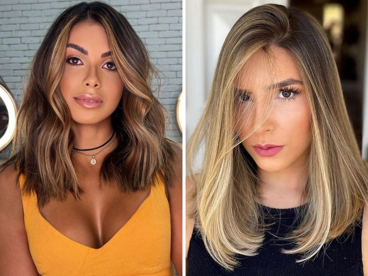 Long Bob 2024. Foto aparece duas mulheres. Na esquerda, mulher com pele morena clara com corte long bob até os ombros, com fios bagunçados. A mulher da direita é branca e está com um corte clássico de bob long. Ela também é loira.