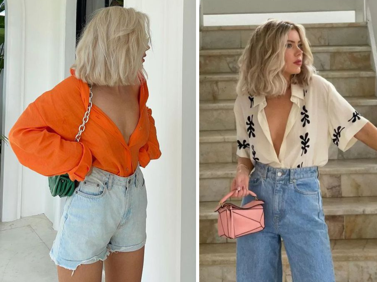 Moda verão 2024. Foto mostra duas mulheres loiras, uma blusa laranja e calção jeans de cor clara e uma com calça jeans e blusa branca com estampa floral preta.
