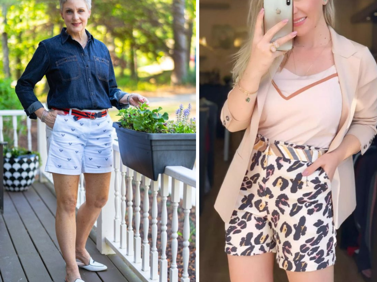 Modelos de bermudas. Foto mostra duas mulheres com 50 anos, uma vestindo camisa azul-marinho e bermuda branca com estampas de âncoras. Outra mulher com look beje vestindo bermuda estampada com animal print.