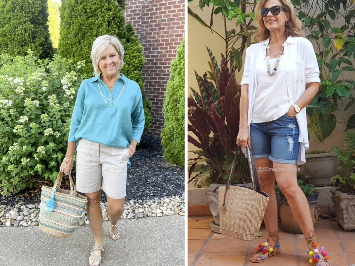 Modelos de bermudas que valorizam mulheres. Foto traz duas mulheres de 50 anos vestidas com bermudas diferentes, sendo uma delas com camisa azul de manga longa e bermuda de alfaiataria e outra de camiseta branca de manga curta e bermuda jeans.