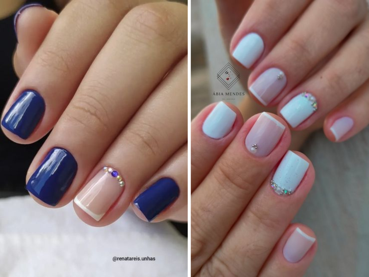 unha curta pintada. Foto traz dois modelos, um em cor azul outro em branco.