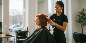 Mulher com 40 anos cortando o cabelo