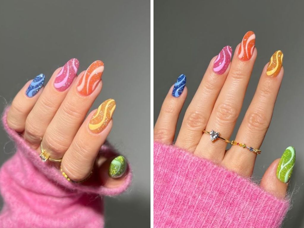Modelos de Unha em gel com desenhos psicodélicos e cores vibrantes