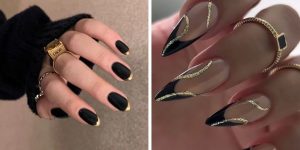 Preto com Dourado combinação de cores em unhas francesinhas